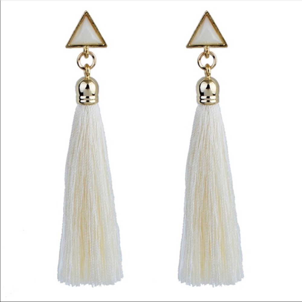 Triangular Creamy White & Gold Tassel Earrings